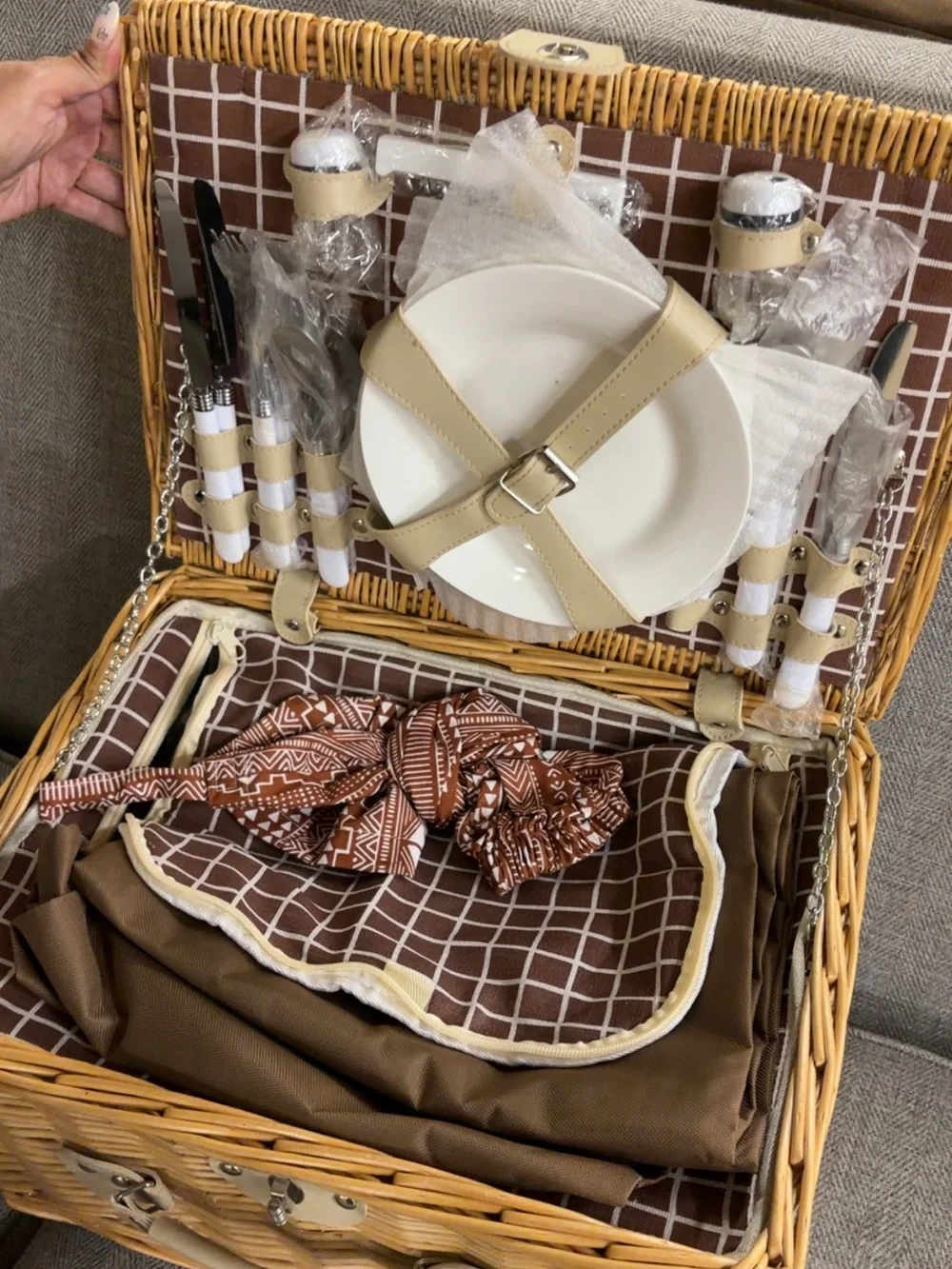 Picnic Wicker Basket Set with Brown Plaid Lining and Cream Accents